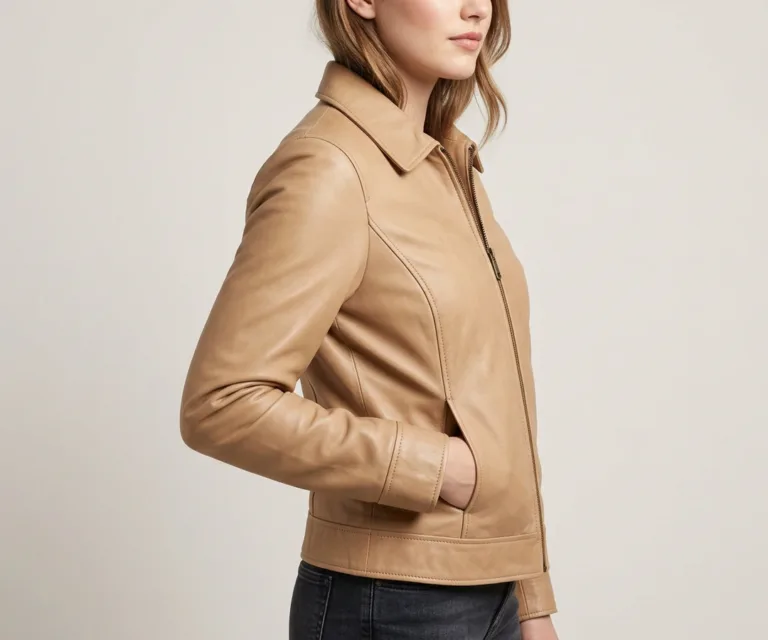 Sandy Tan Dye Leather Coat 3/4 Profile 1080x900