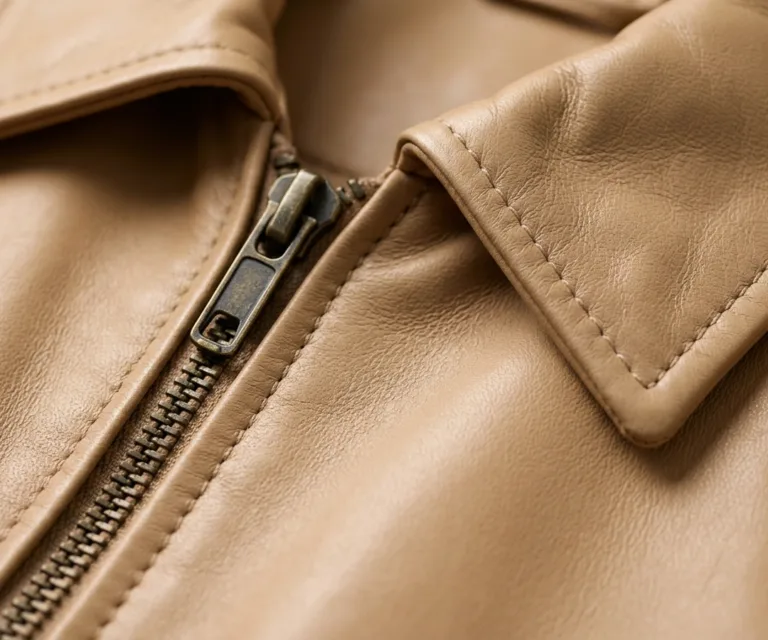 Sandy Tan Dye Leather Coat Macro Hardware Detail 1080x900