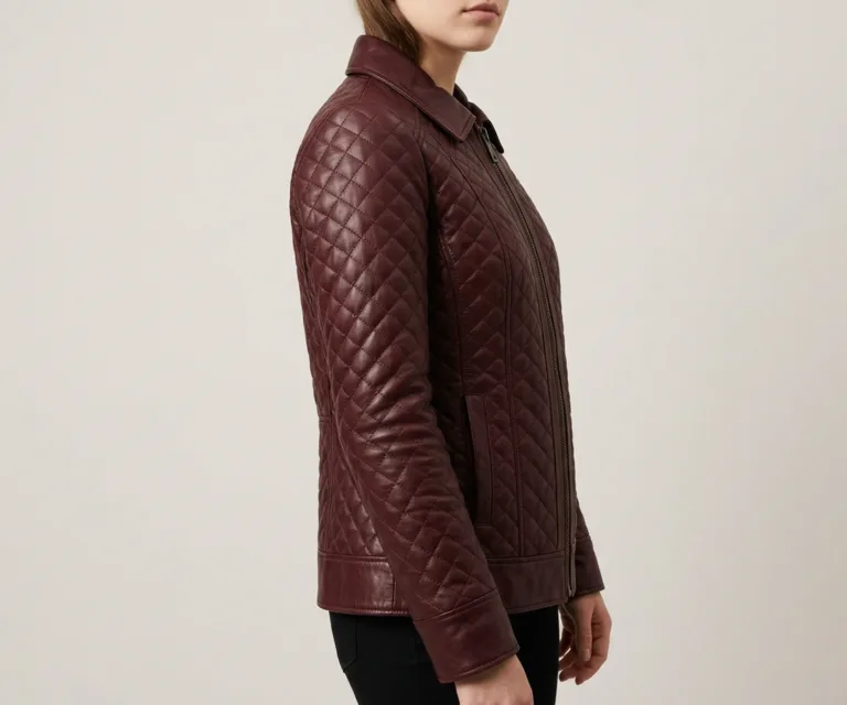 Trudy Lane Quilted Maroon Leather Coat 3/4 Profile 1080x900