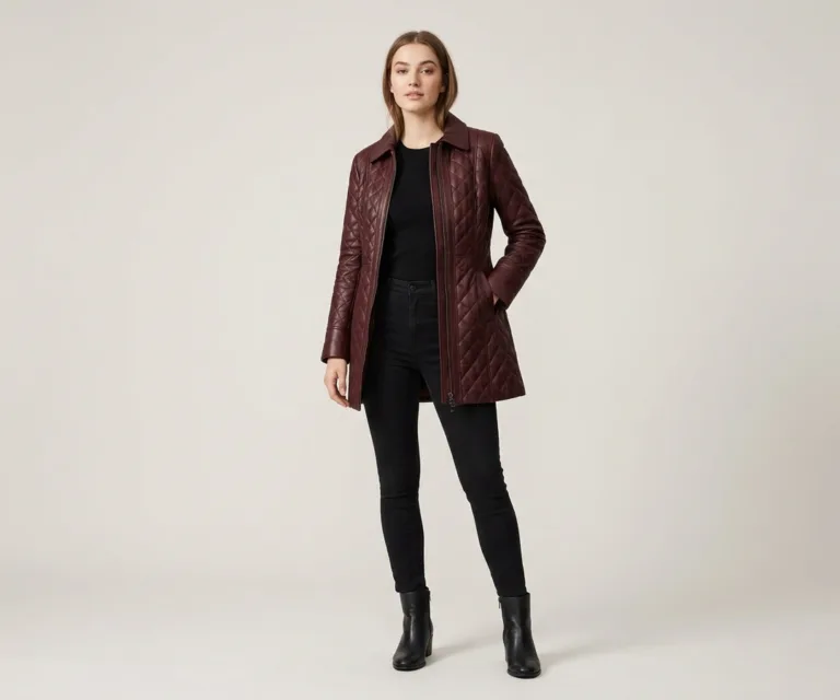 Trudy Lane Quilted Maroon Leather Coat Lifestyle Studio 1080x900