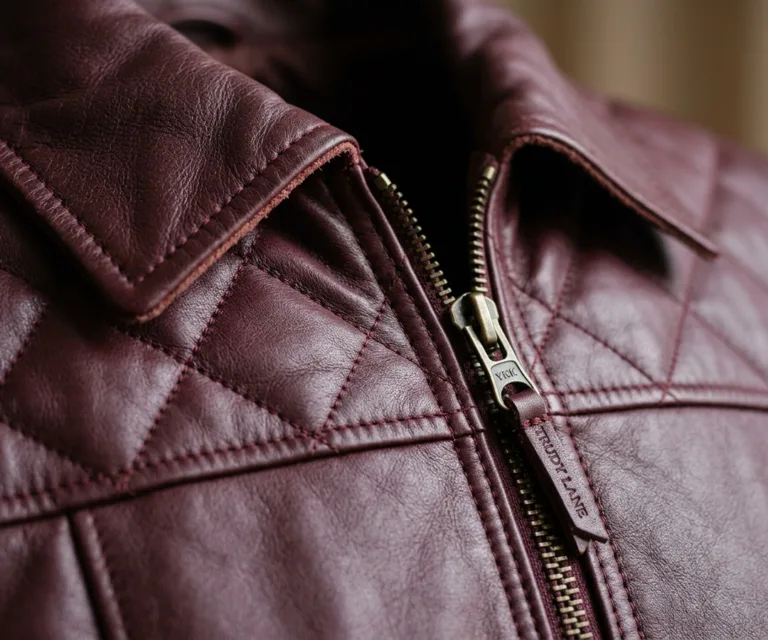 Trudy Lane Quilted Maroon Leather Coat Macro Hardware Detail 1080x900