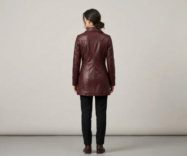 Trudy Lane Quilted Maroon Leather Coat Rear Back View 1080x900
