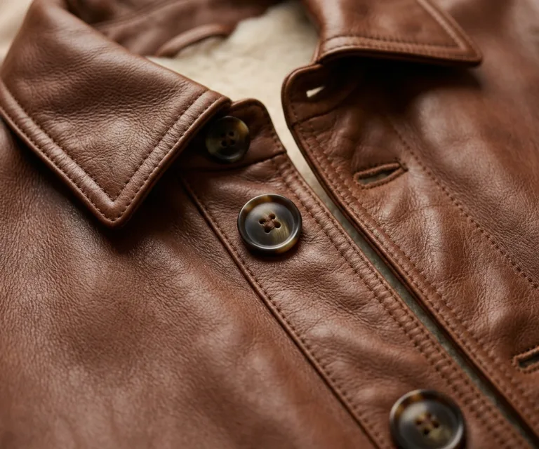 Alina Shearling Brown Leather Coat Macro Hardware Detail 1080x900