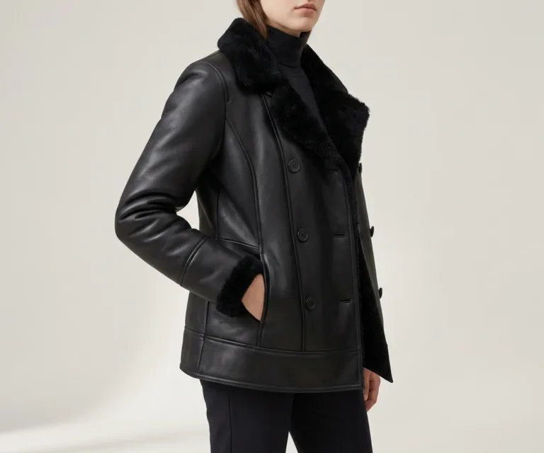 Amie Black Double Breasted Shearling Coat 3/4 Profile 1080x900