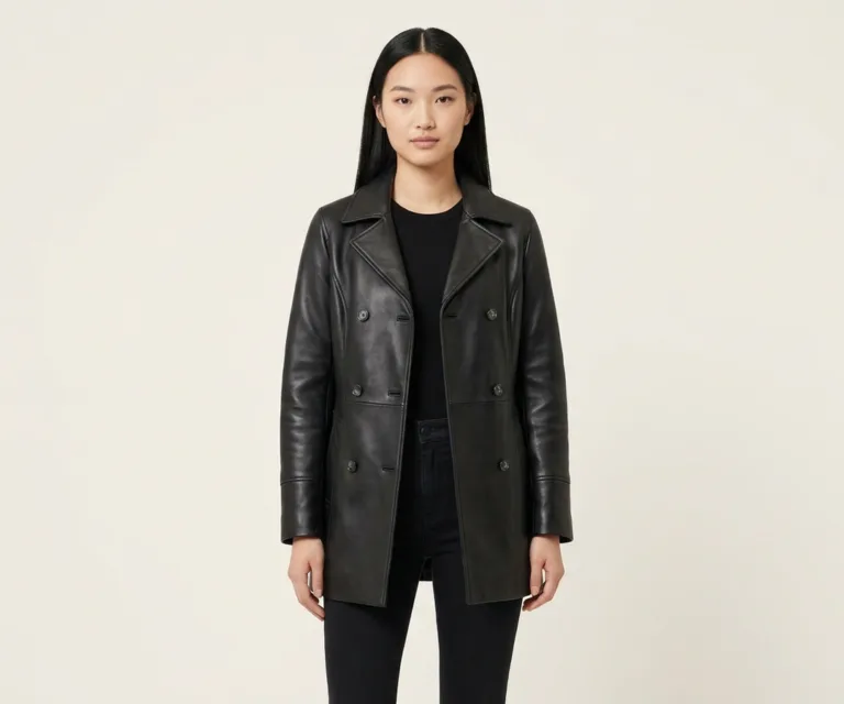 Amie Black Double Breasted Shearling Coat Front View 1080x900