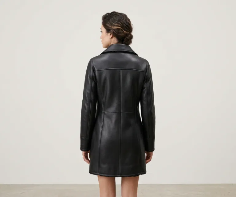 Amie Black Double Breasted Shearling Coat Rear Back View 1080x900