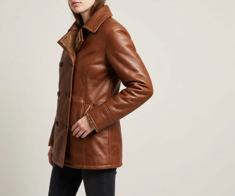 Amie Brown Double Breasted Shearling Coat 3/4 Profile 1080x900