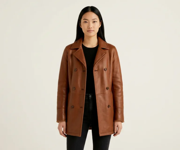 Amie Brown Double Breasted Shearling Coat Front View 1080x900