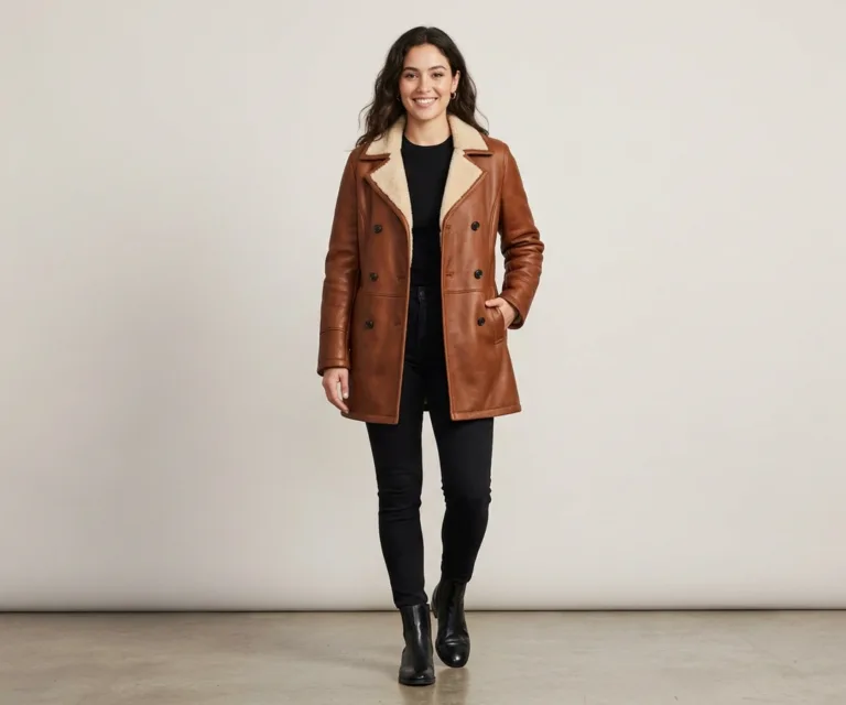 Amie Brown Double Breasted Shearling Coat Lifestyle Studio 1080x900
