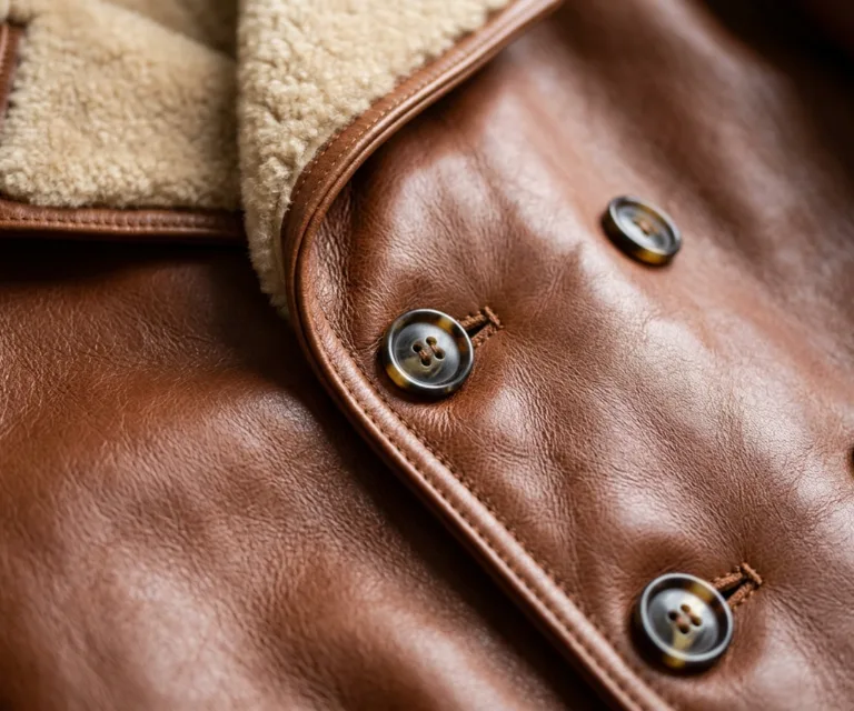 Amie Brown Double Breasted Shearling Coat Macro Hardware Detail 1080x900
