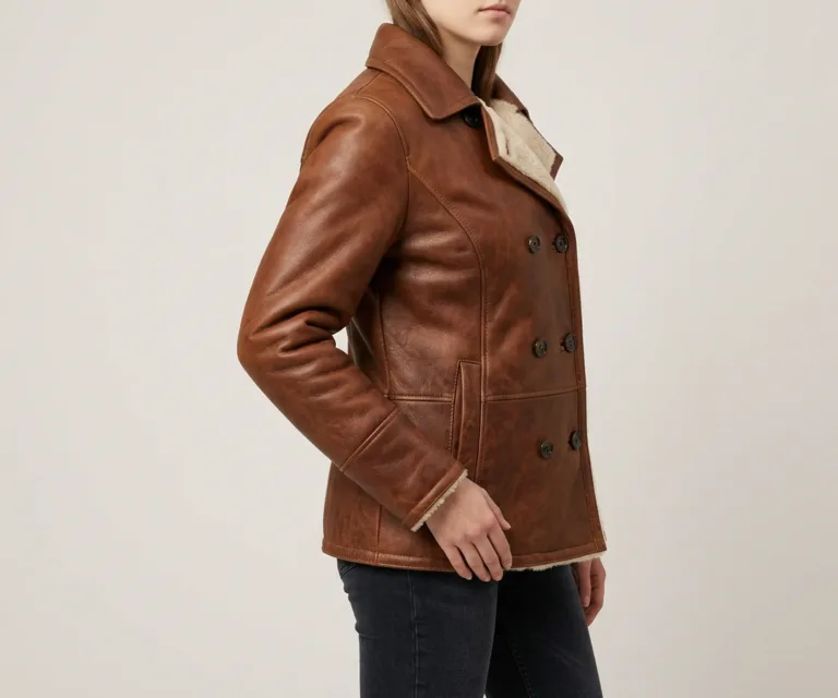 Amie Distressed Brown Double Breasted Shearling Coat 3/4 Profile 1080x900