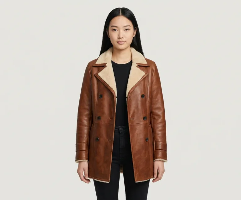 Amie Distressed Brown Double Breasted Shearling Coat Front View 1080x900