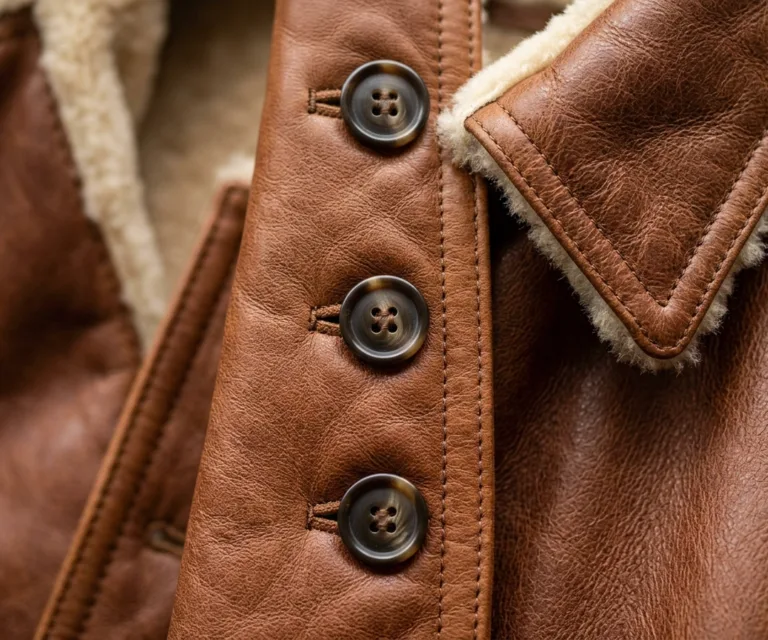 Amie Distressed Brown Double Breasted Shearling Coat Macro Hardware Detail 1080x900