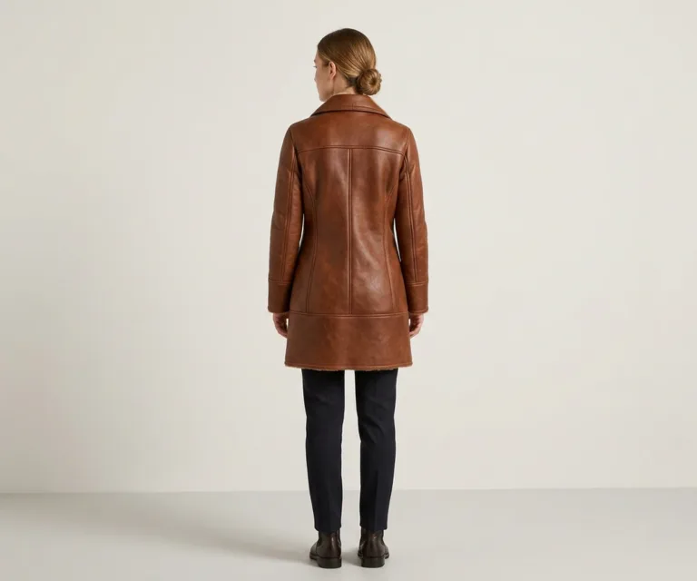Amie Distressed Brown Double Breasted Shearling Coat Rear Back View 1080x900