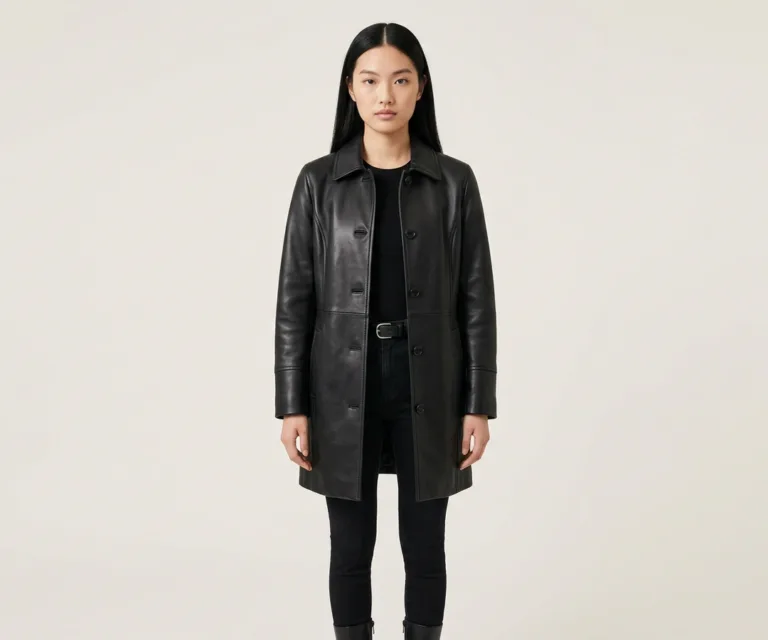 Erica Shearling Black Leather Coat Front View 1080x900