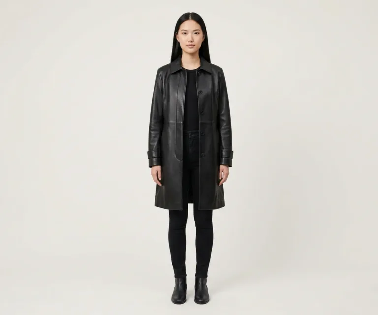 Moonlight Black Leather Trench Coat Front View 1080x900