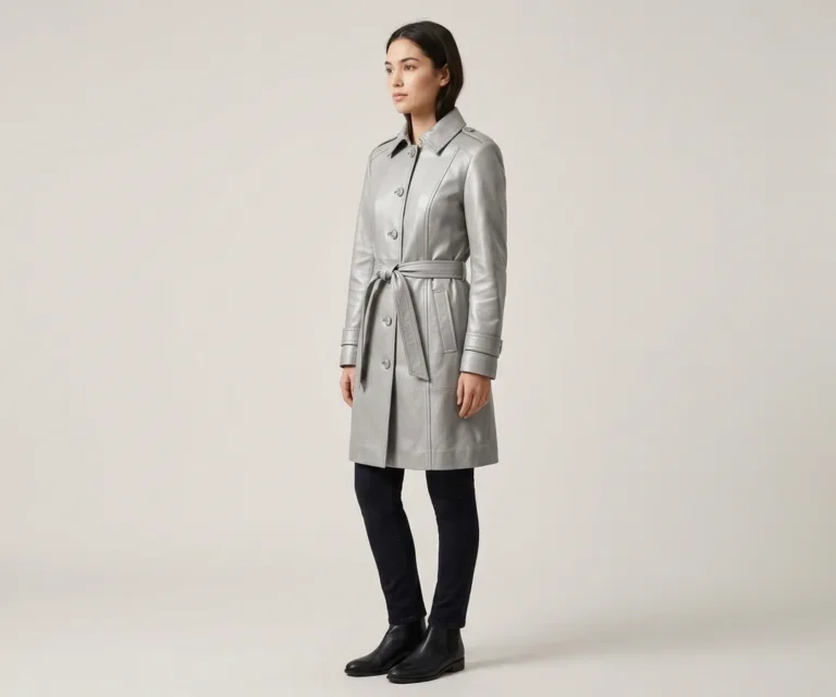 Moonlight Silver Leather Trench Coat 3/4 Profile 1080x900