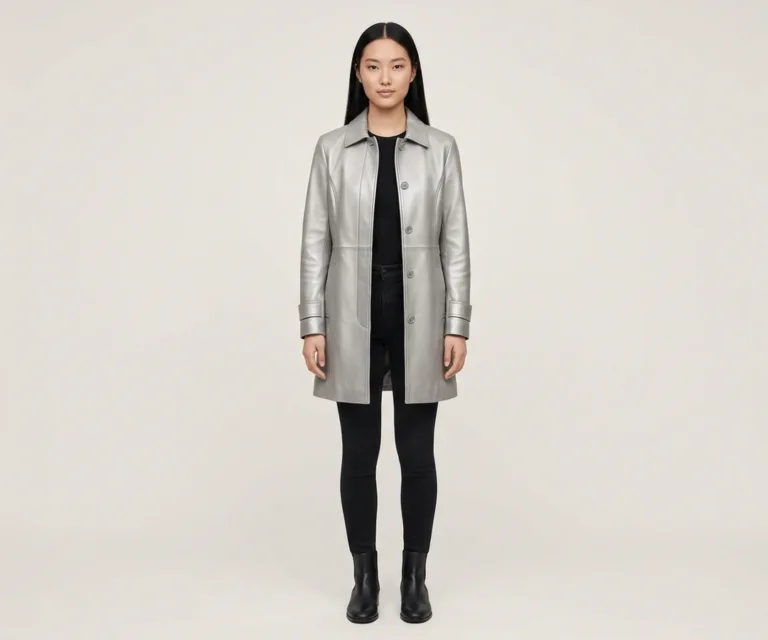 Moonlight Silver Leather Trench Coat Front View 1080x900