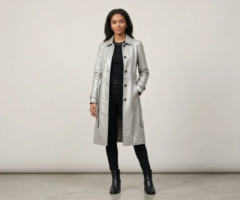 Moonlight Silver Leather Trench Coat Lifestyle Studio 1080x900