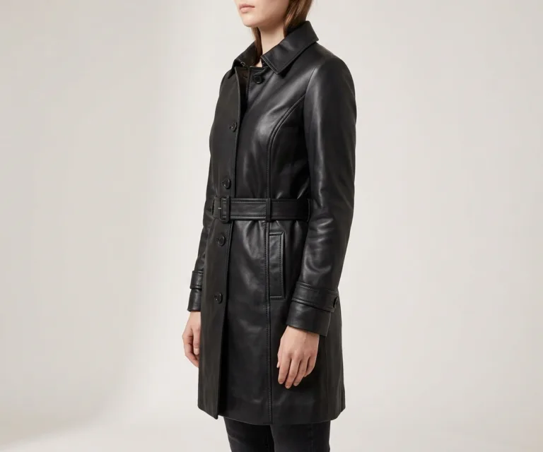 Sweet Susan Black Leather Trench Coat 3/4 Profile 1080x900