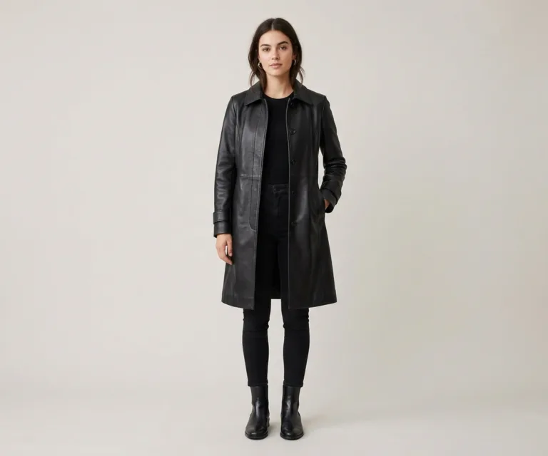 Sweet Susan Black Leather Trench Coat Lifestyle Studio 1080x900
