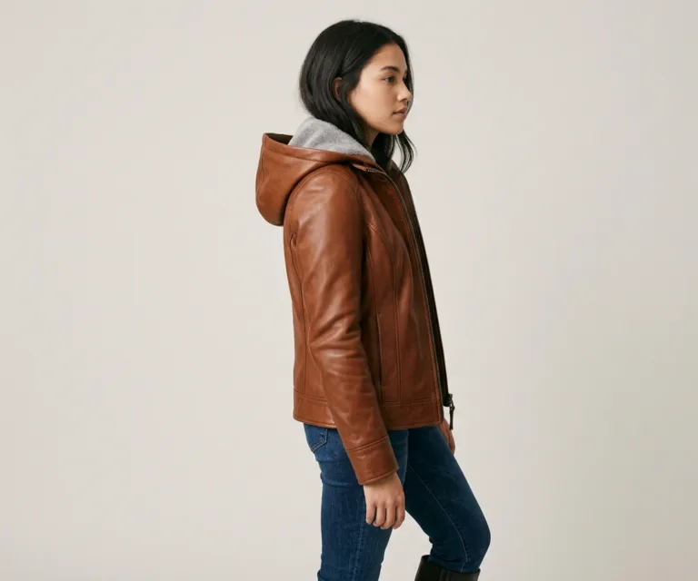 Fiona Brown Hooded Shearling Leather Jacket 3/4 Profile 1080x900