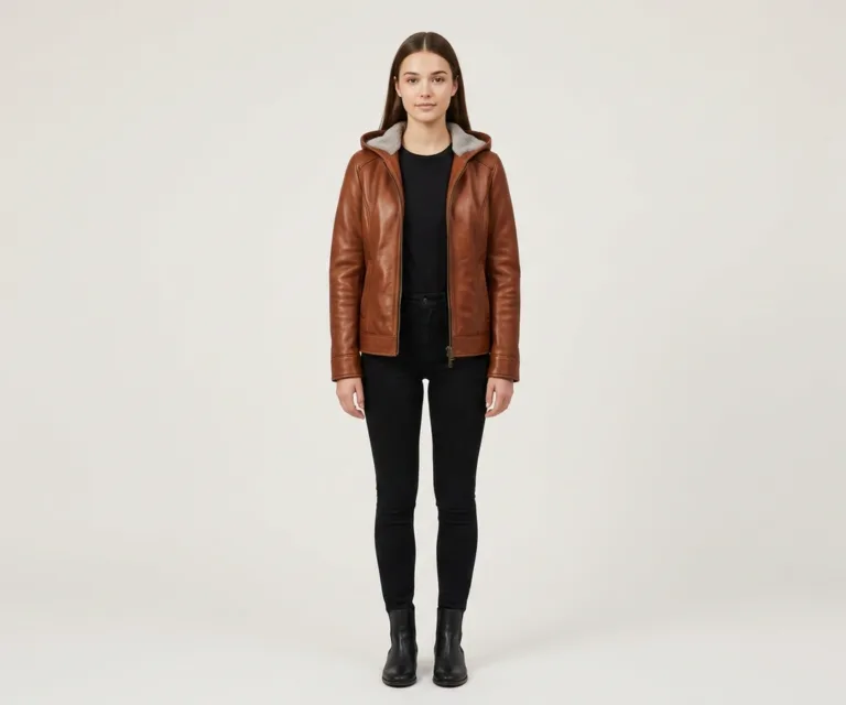 Fiona Brown Hooded Shearling Leather Jacket Front View 1080x900