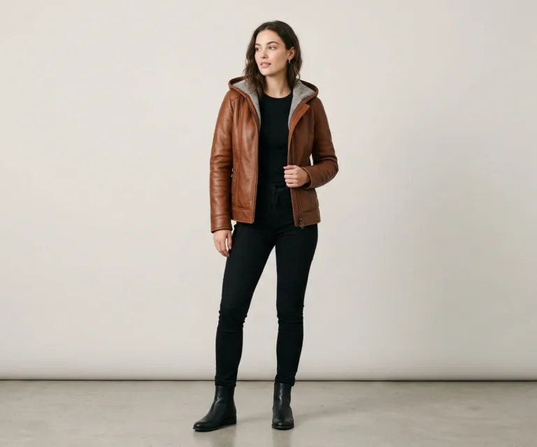 Fiona Brown Hooded Shearling Leather Jacket Lifestyle Studio 1080x900