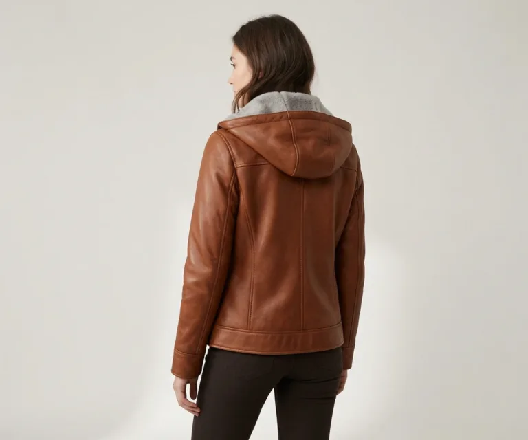 Fiona Brown Hooded Shearling Leather Jacket Rear Back View 1080x900
