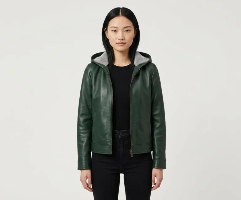 Fiona Green Hooded Shearling Leather Jacket Front View 1080x900