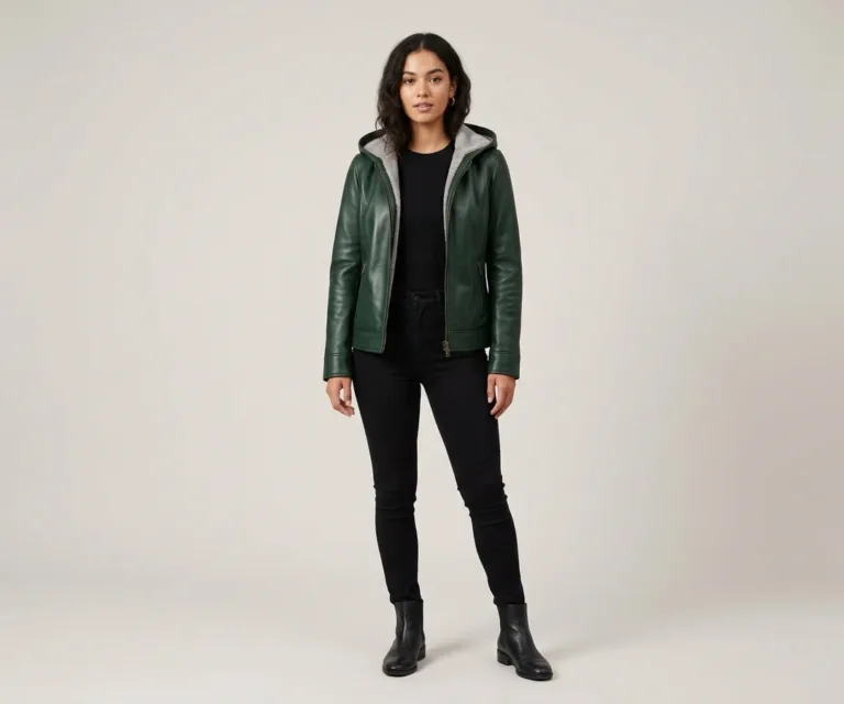 Fiona Green Hooded Shearling Leather Jacket Lifestyle Studio 1080x900