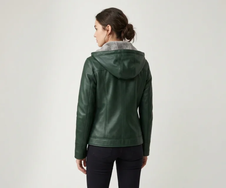 Fiona Green Hooded Shearling Leather Jacket Rear Back View 1080x900