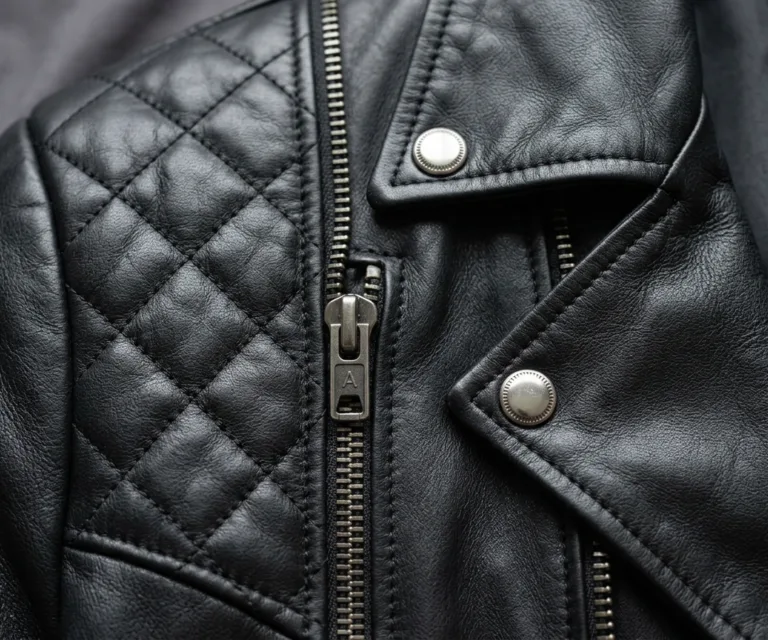 Adalyn Quilted Black Leather Biker Jacket Macro Hardware Detail 1080x900