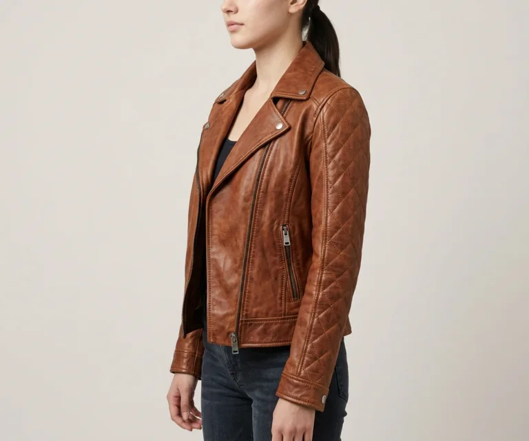 Adalyn Quilted Distressed Brown Leather Biker Jacket 3/4 Profile 1080x900