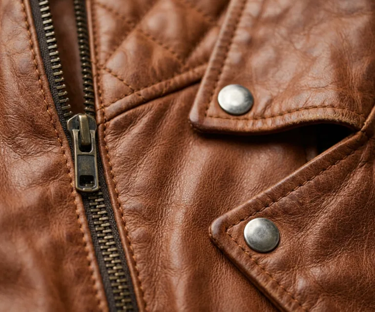 Adalyn Quilted Distressed Brown Leather Biker Jacket Macro Hardware Detail 1080x900