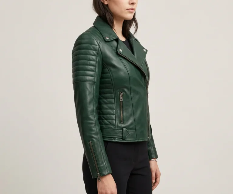 Adalyn Quilted Green Leather Biker Jacket 3/4 Profile 1080x900