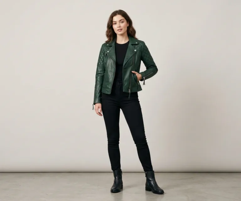 Adalyn Quilted Green Leather Biker Jacket Lifestyle Studio 1080x900