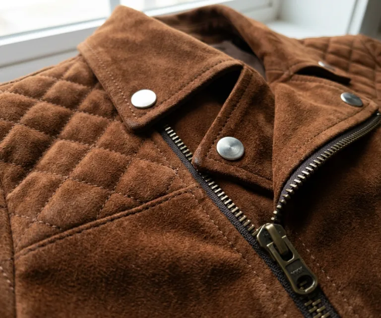 Adalyn Quilted Mocha Suede Biker Jacket Macro Hardware Detail 1080x900