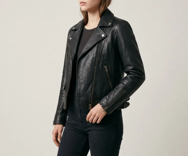 Alison Black Leather Biker Jacket 3/4 Profile 1080x900