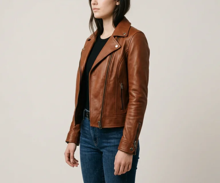 Alison Brown Leather Biker Jacket 3/4 Profile 1080x900