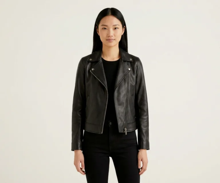 Alia Metallic Black Leather Biker Jacket Front View 1080x900