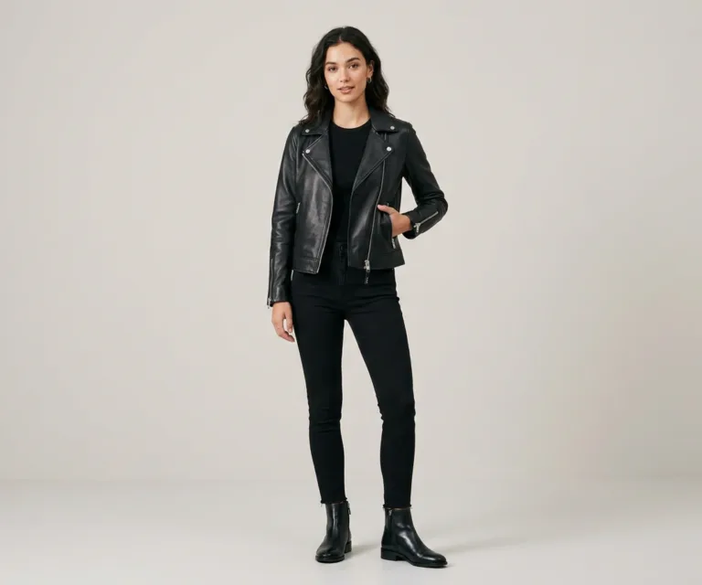 Alia Metallic Black Leather Biker Jacket Lifestyle Studio 1080x900