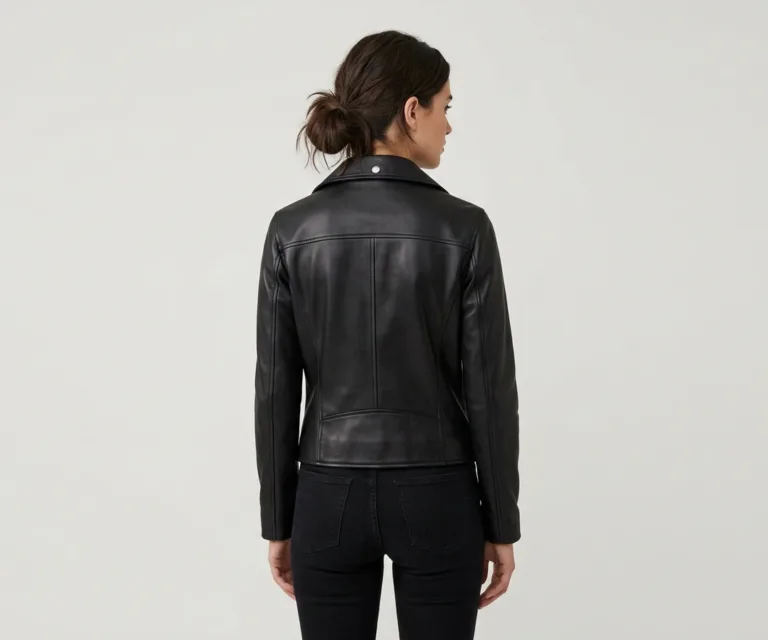 Alia Metallic Black Leather Biker Jacket Rear Back View 1080x900
