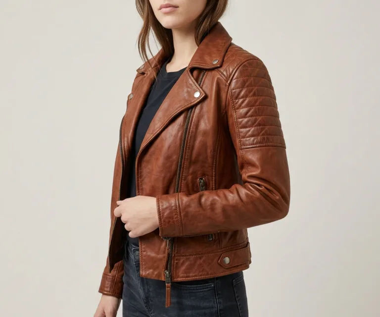 Carolyn Quilted Distressed Brown Biker Jacket 3/4 Profile 1080x900