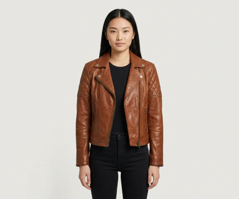 Carolyn Quilted Distressed Brown Biker Jacket Front View 1080x900