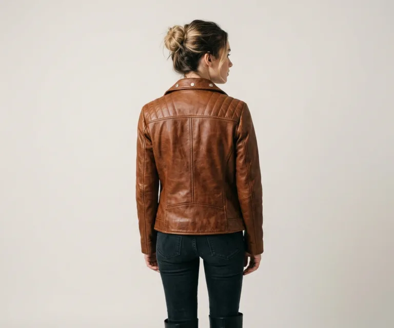Carolyn Quilted Distressed Brown Biker Jacket Rear Back View 1080x900
