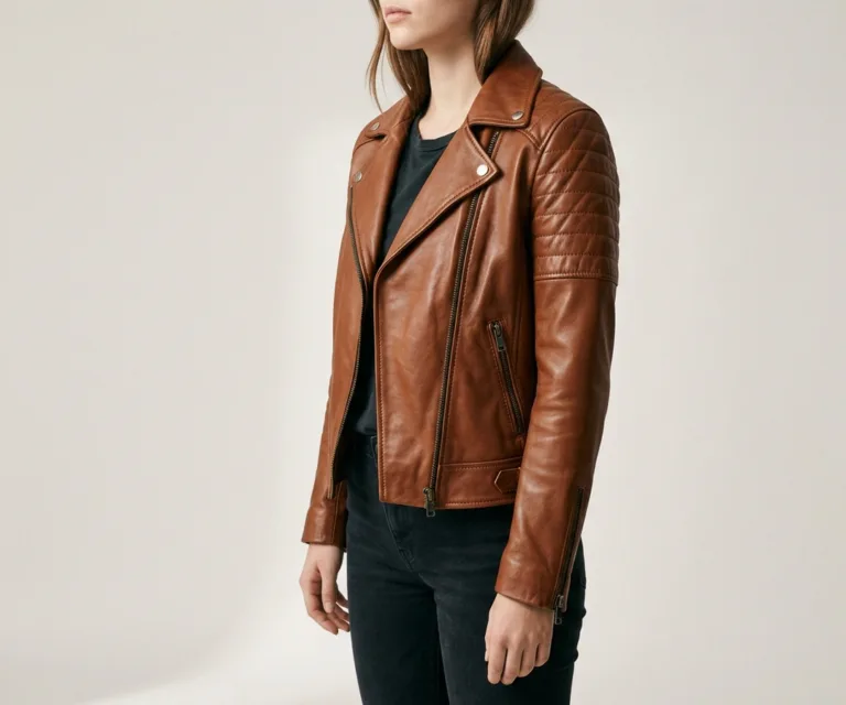 Carolyn Quilted Vintage Brown Biker Jacket 3/4 Profile 1080x900