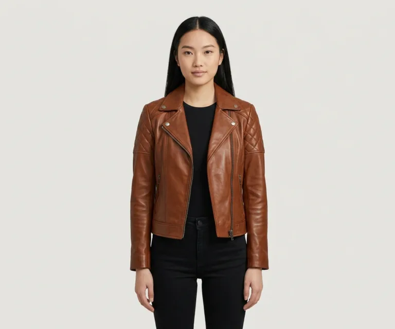 Carolyn Quilted Vintage Brown Biker Jacket Front View 1080x900