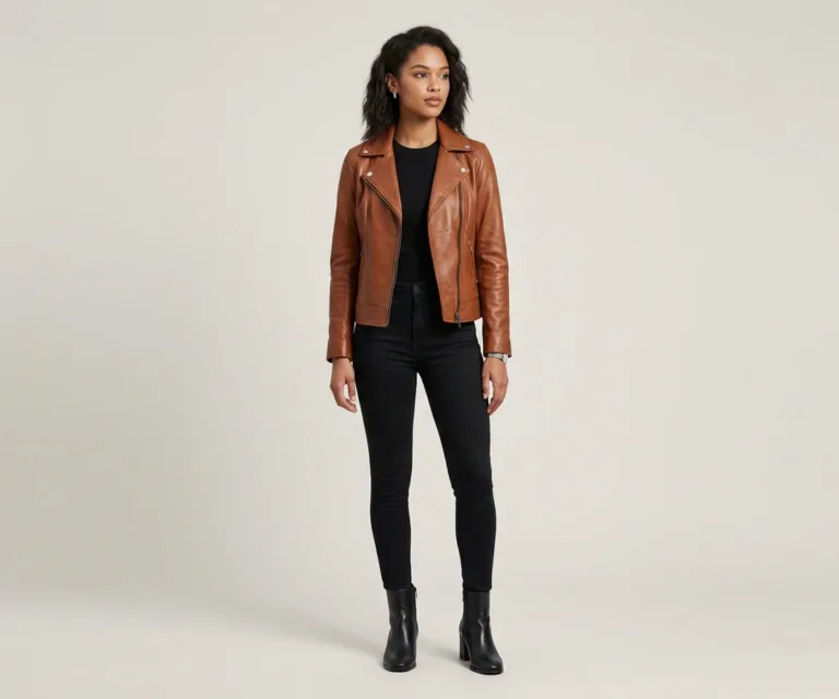 Carolyn Quilted Vintage Brown Biker Jacket Lifestyle Studio 1080x900