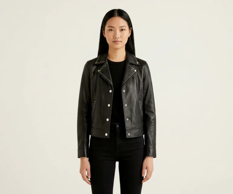 Celeste Studded Black Leather Jacket Front View 1080x900